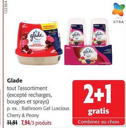 Glade tout l’assortiment (excepté recharges, bougies et sprays) p. ex. Bathroom Gel Luscious Cherry & Peony