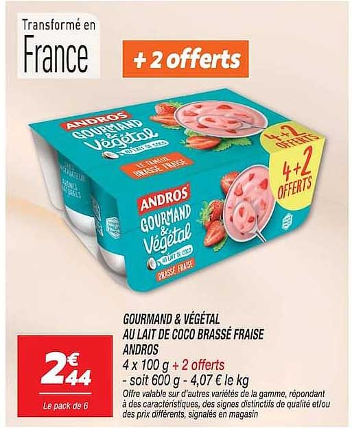 GOURMAND & VÉGÉTAL AU LAIT DE COCO BROSSÉ FRAISE ANDROS 4 x 100 g + 2 offerts