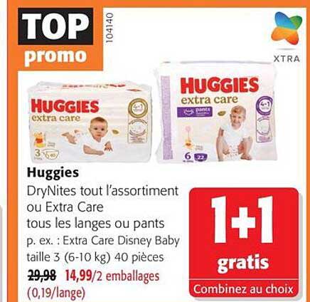 Huggies DryNites tout l’assortiment ou Extra Care tous les langes ou pants p. ex. : Extra Care Disney Baby taille 3 (6-10 kg) 40 pièces