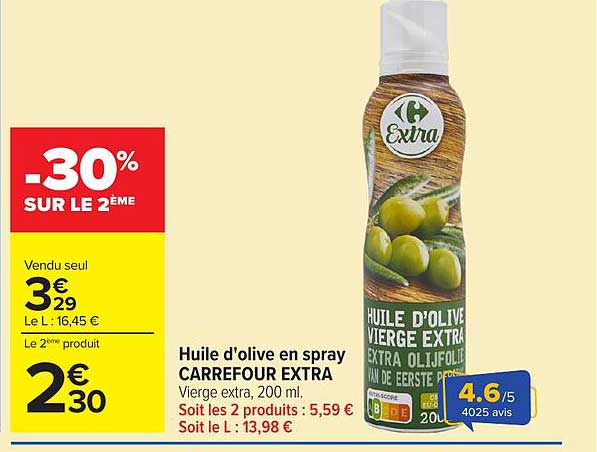 Huile d'olive en spray CARREFOUR EXTRA Vierge extra, 200 ml.