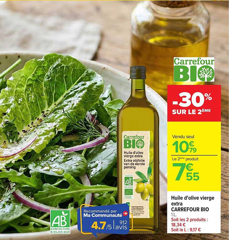 Huile d'olive vierge extra CARREFOUR BIO 1L. -30% SUR LE 2ÈME