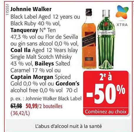 Johnnie Walker Black Label Aged 12 years ou Black Ruby 40 % vol, Tanqueray N° Ten 47,3 % vol ou Flor de Sevilla ou gin sans alcool 0,0 % vol, Coal Ila Aged 12 Years Islay Single Malt Scotch Whisky 43 % vol, Baileys Salted Caramel 17 % vol ou Captain Morga