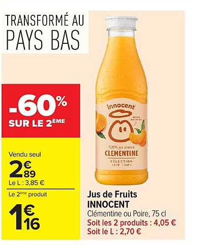 Jus de Fruits INNOCENT Clémentine ou Poire, 75 cl