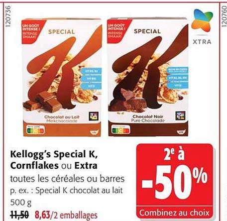 Kellogg’s Special K, Cornflakes ou Extra toutes les céréales ou barres p. ex. : Special K chocolat au lait 500 g