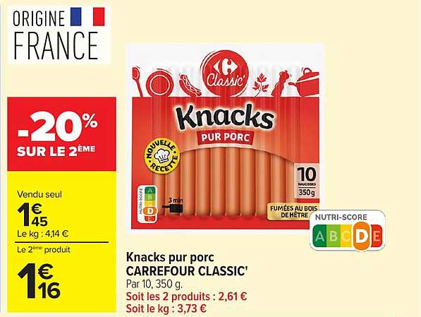 Knacks pur porc CARREFOUR CLASSIC'