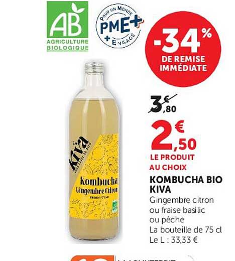 KOMBUCHA BIO KIVA Gingembre citron ou fraise basilic ou pêche
