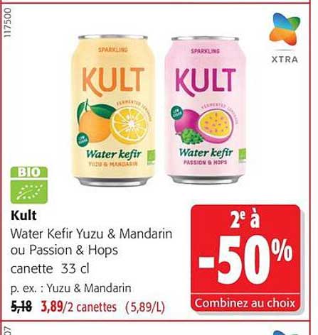 Kult Water Kefir Yuzu & Mandarin ou Passion & Hops canette 33 cl
