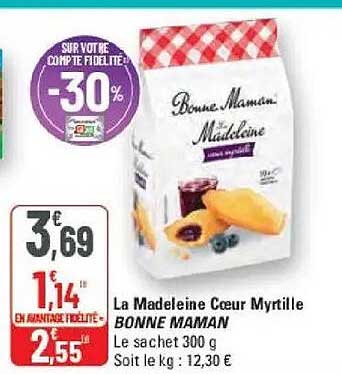 La Madeleine Cœur Myrtille BONNE MAMAN Le sachet 300 g Soit le kg : 12,30 €