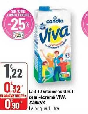 Lait 10 vitamines U.H.T demi-écrémé VIVA CANDIA La brique 1 litre