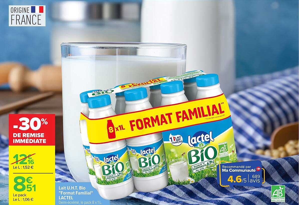 Lait U.H.T. Bio "Format Familial" LACTEL