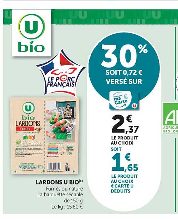 LARDONS U BIO Fumés ou nature La barquette sécable de 150 g