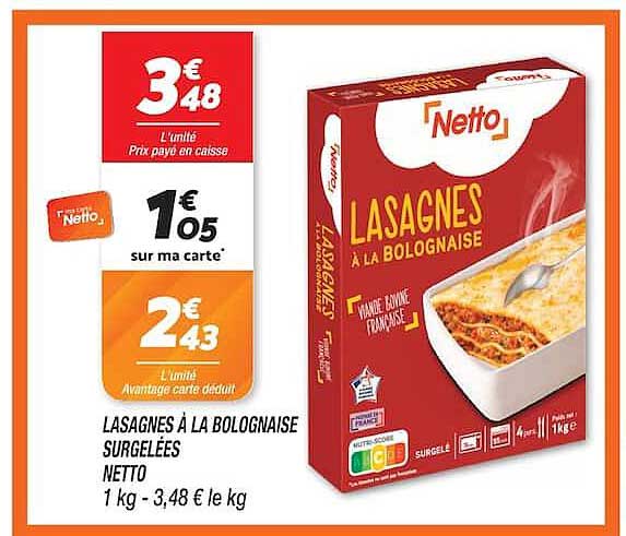 LASAGNES À LA BOLOGNAISE SURGELÉES NETTO 1 kg - 3,48 € le kg