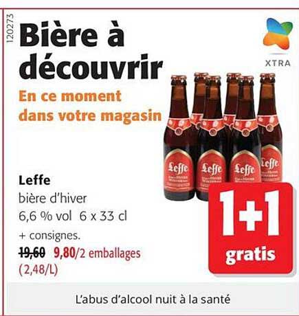 Leffe bière d’hiver 6,6 % vol. 6 x 33 cl + consignes. 1+1 gratis