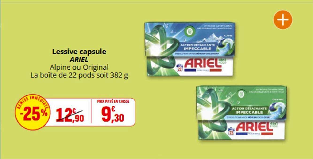 Lessive capsule ARIEL Alpine ou Original La boîte de 22 pods soit 382 g
