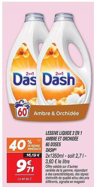 LESSIVE LIQUIDE 2 EN 1 AMBRE ET ORCHIDÉE 60 DOSES DASH