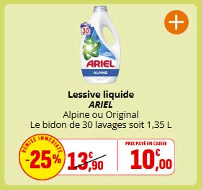 Lessive liquide ARIEL Alpine ou Original Le bidon de 30 lavages soit 1,35 L