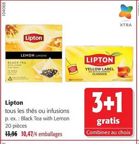 Lipton tous les thés ou infusions p. ex. : Black Tea with Lemon 20 pièces 3+1 gratis Combinez au choix
