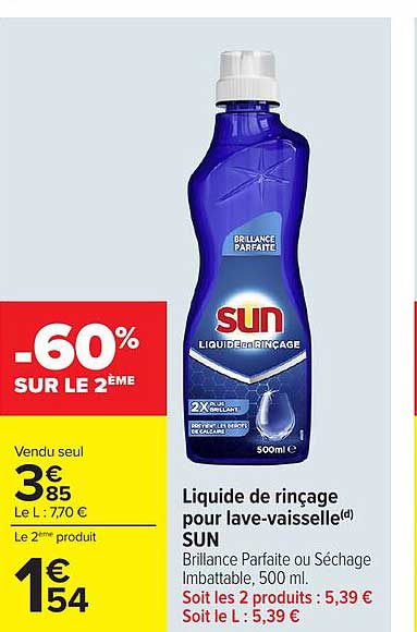 Liquide de rinçage pour lave-vaisselle SUN Brillance Parfaite ou Séchage Impeccable, 500 ml.