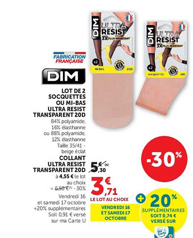 LOT DE 2 SOCQUETTES OU MI-BAS ULTRA RESIST TRANSPARENT 20D