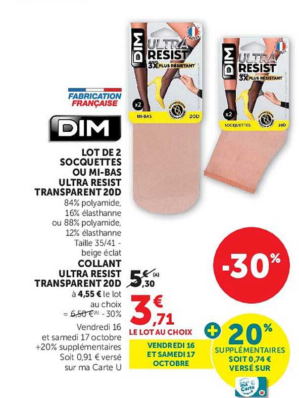 LOT DE 2 SOCQUETTES OU MI-BAS ULTRA RESIST TRANSPARENT 20D