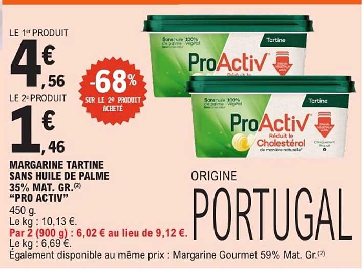 MARGARINE TARTINE SANS HUILE DE PALME 35% MAT. GR. (2) “PRO ACTIV” 450 g