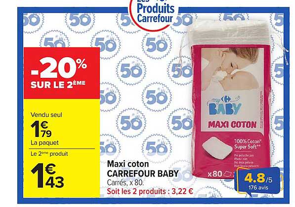 Maxi coton CARREFOUR BABY Carrés, x 80