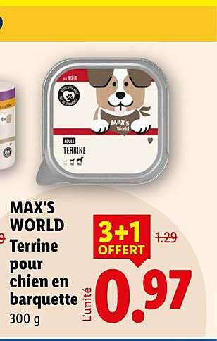 MAX'S WORLD Terrine pour chien en barquette 300 g 3+1 OFFERT
