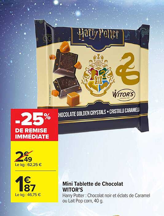 Mini Tablette de Chocolat WITOR'S Harry Potter : Chocolat noir et éclats de Caramel ou Lait Pop corn, 40 g.