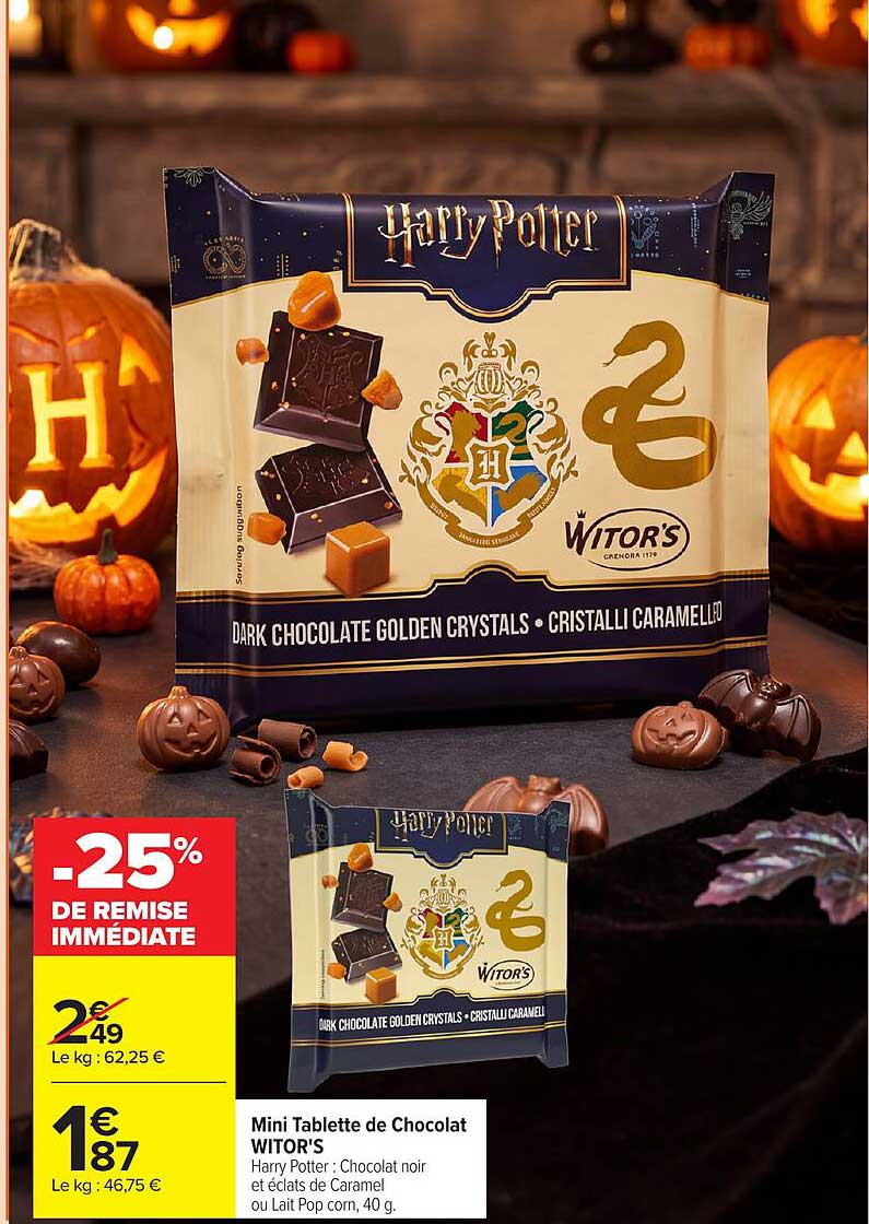 Mini Tablette de Chocolat WITOR'S Harry Potter : Chocolat noir et éclats de Caramel ou Lait Pop corn, 40 g.