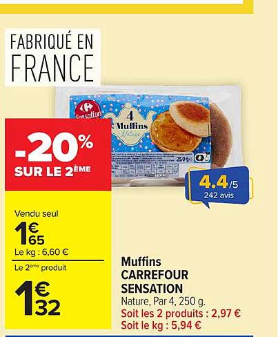 Muffins CARREFOUR SENSATION Nature, Par 4, 250 g.