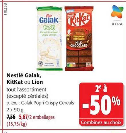 Nestlé Galak, KitKat ou Lion tout l'assortiment (excepté céréales) p. ex. : Galak Popri Crispy Cereals 2 x 90 g