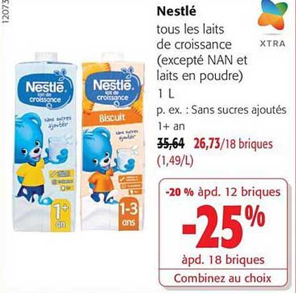 Nestlé tous les laits de croissance (excepté NAN et laits en poudre) 1 L