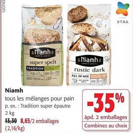 Niamh tous les mélanges pour pain p. ex. : Tradition super épeautre 2 kg