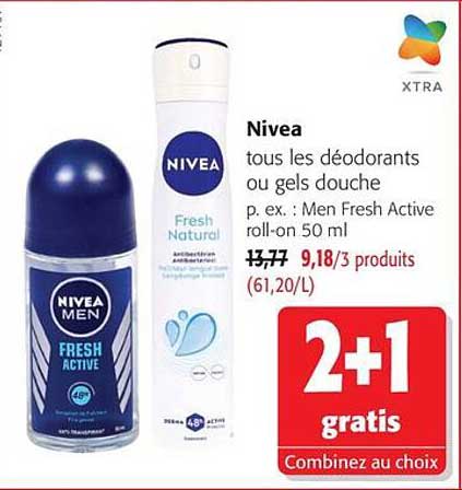 Nivea tous les déodorants ou gels douche p. ex. : Men Fresh Active roll-on 50 ml