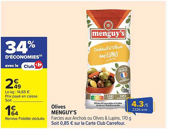 Olives MENGUY'S Farcies aux Anchois ou Olives & Lupins, 170 g