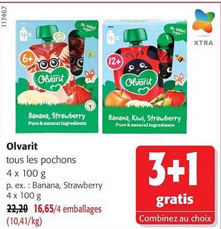 Olvarit tous les pochons 4 x 100 g p. ex. : Banana, Strawberry 4 x 100 g