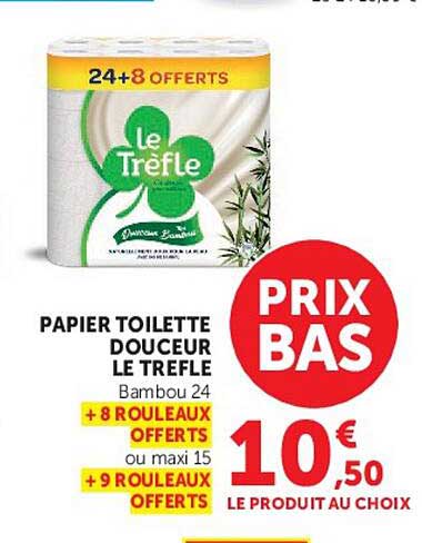PAPIER TOILETTE DOUCEUR LE TREFLE Bambou 24 + 8 ROULEAUX OFFERTS ou maxi 15 + 9 ROULEAUX OFFERTS