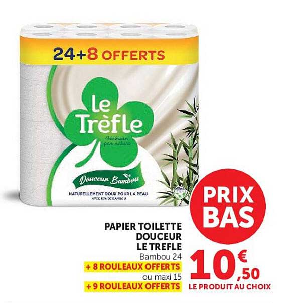 PAPIER TOILETTE DOUCEUR LE TREFLE Bambou 24 + 8 ROULEAUX OFFERTS ou maxi 15 + 9 ROULEAUX OFFERTS