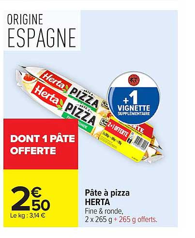 Pâte à pizza HERTA Fine & ronde, 2 x 265 g + 265 g offerts.