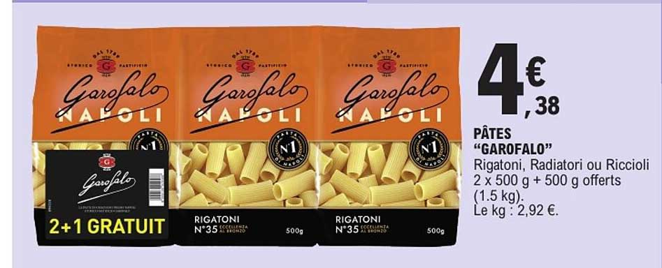 PÂTES “GAROFALO” Rigatoni, Radiatori ou Riccioli 2 x 500 g + 500 g offerts (1.5 kg)