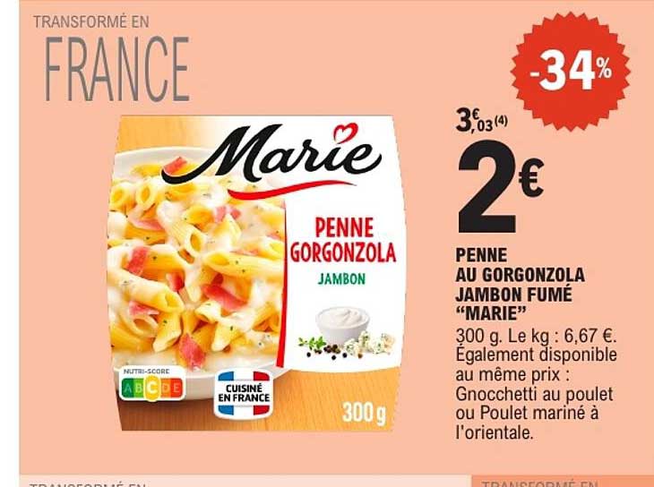 PENNE AU GORGONZOLA JAMBON FUMÉ “MARIE”