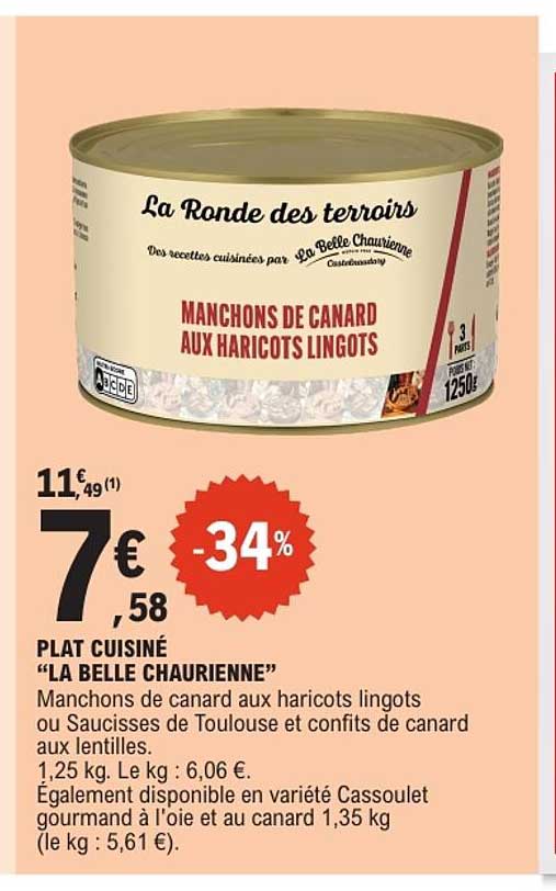 PLAT CUISINÉ “LA BELLE CHAURIENNE” Manchons de canard aux haricots lingots ou Saucisses de Toulouse et confits de canard aux lentilles.