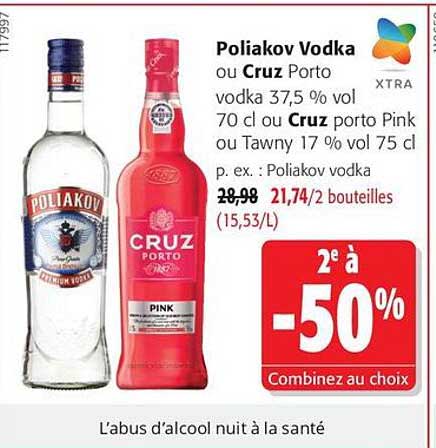 Poliakov Vodka ou Cruz Porto vodka 37,5 % vol 70 cl ou Cruz porto Pink ou Tawny 17 % vol 75 cl