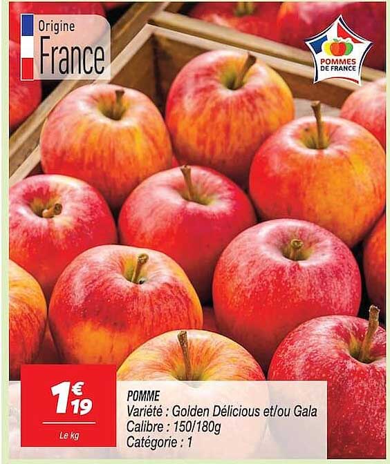 POMME Variété : Golden Délicious et/ou Gala Calibre : 150/180g Catégorie : 1