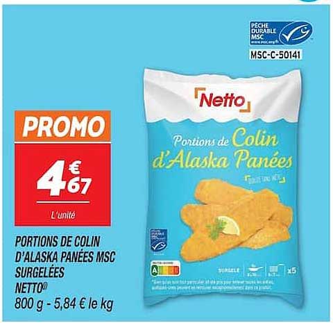 PORTIONS DE COLIN D'ALASKA PANÉES MSC SURGELÉES NETTO® 800 g
