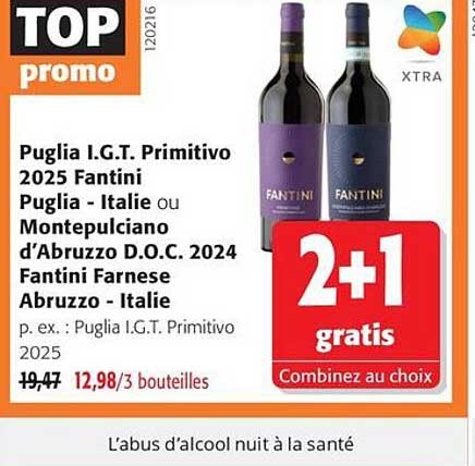 Puglia I.G.T. Primitivo 2025 Fantini Puglia - Italie ou Montepulciano d’Abruzzo D.O.C. 2024 Fantini Farnese Abruzzo - Italie