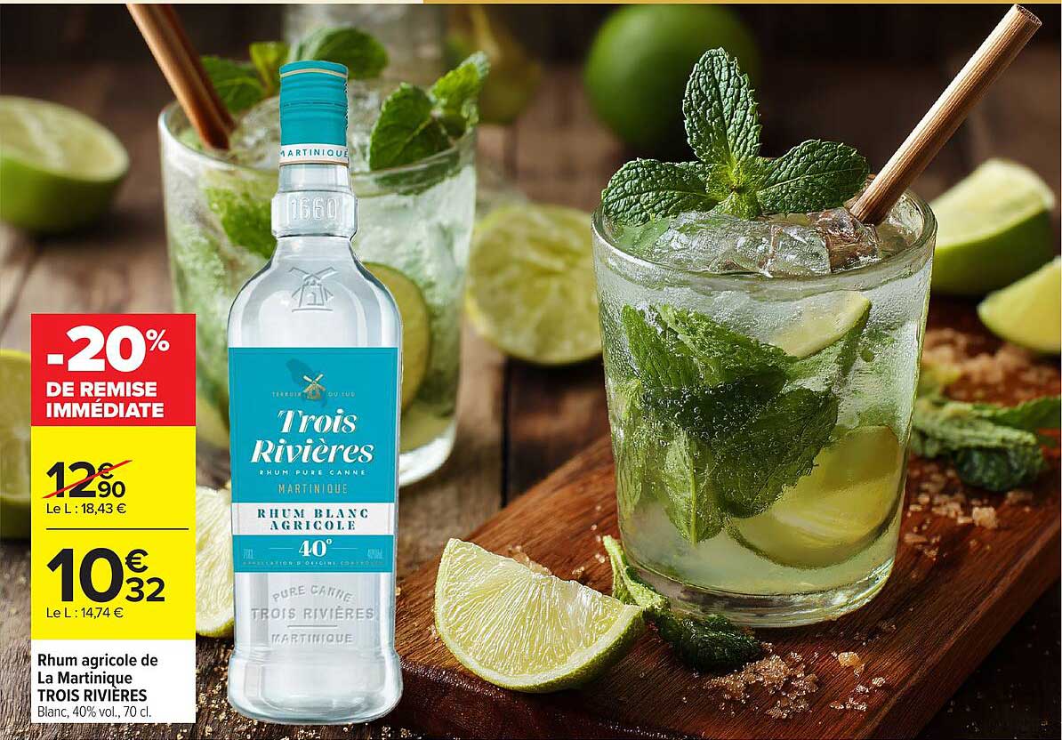 Rhum agricole de La Martinique TROIS RIVIÈRES Blanc, 40% vol., 70 cl.