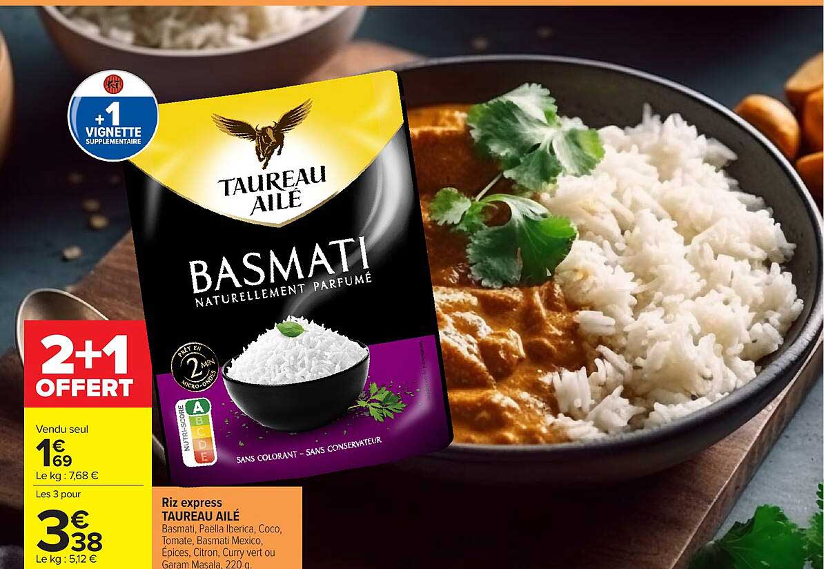 Riz express TAUREAU AILÉ Basmati, Paëlla iberica, Coco, Tomate, Basmati Mexico, Épices, Citron, Curry vert ou Garam Masala, 220 g