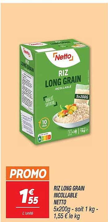 RIZ LONG GRAIN INCOLLABLE NETTO 5x200g - soit 1 kg - 1,55 € le kg