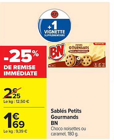 Sablés Petits Gourmands BN Choco noisettes ou caramel, 180 g.